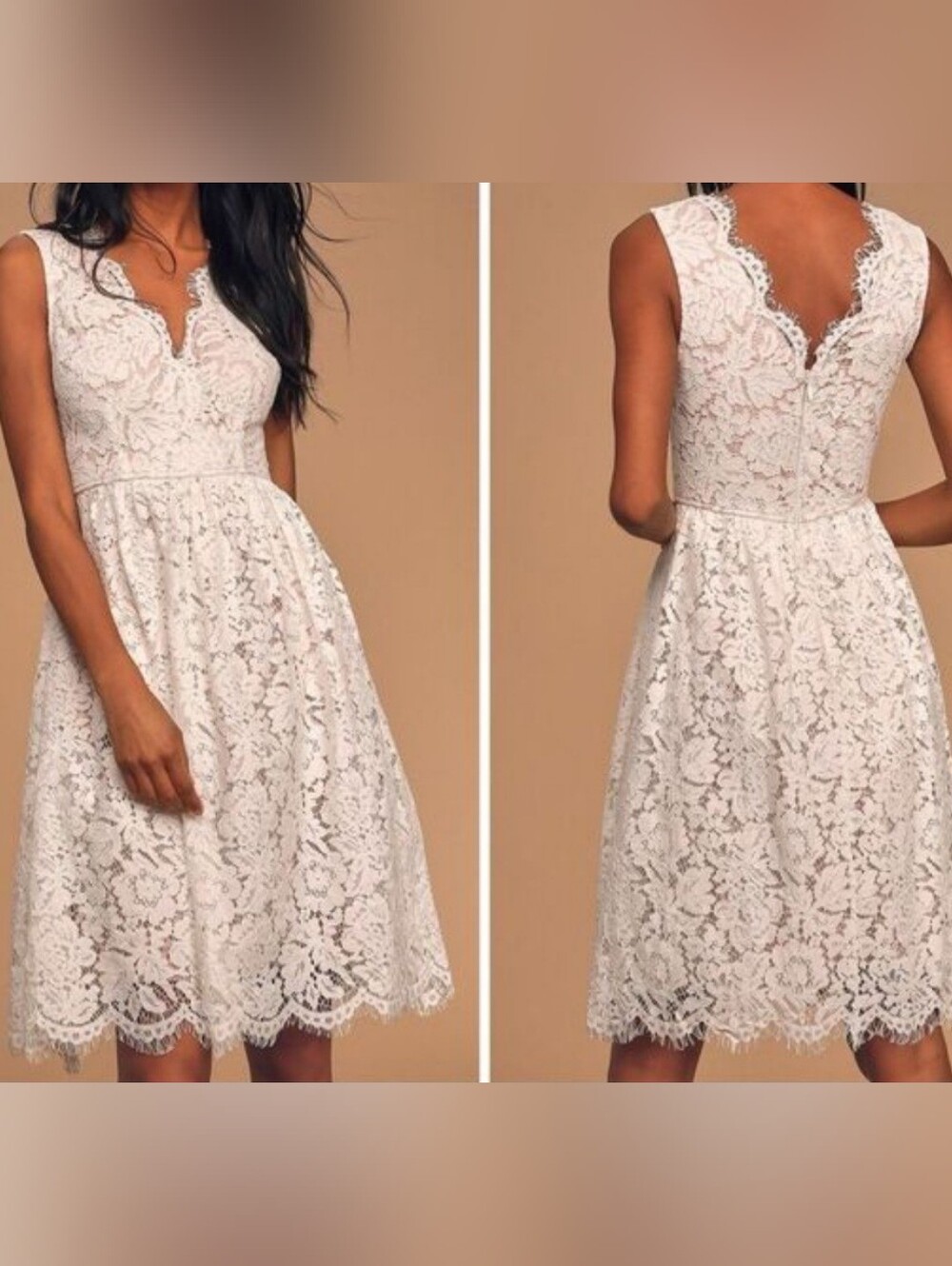 Lulu's White Lace Overlay Fit-and-Flare Dress, Nude Lining, V-neck, Sz: S. NWT